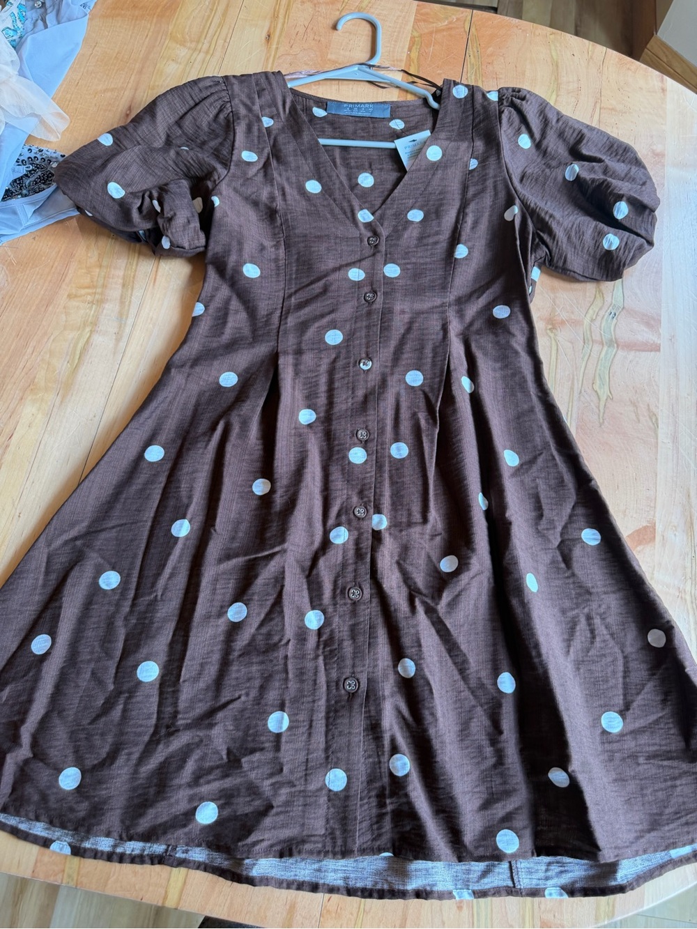 Primark Brown Polka Dot Button-Front Dress with Puff Sleeves